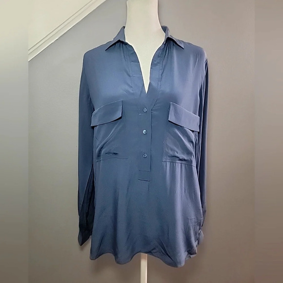 MASSIMO DUTTI Mulberry Silk Luxury Blend Navy Blue Blouse Sz 36 (M-8) - Picture 1 of 6